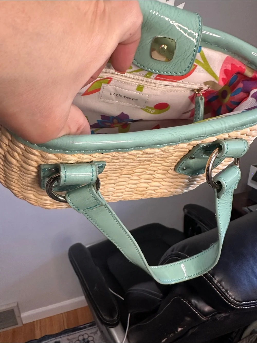 Liz Claiborne Straw Tote with Mint Green Trim